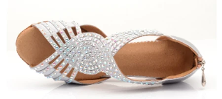 heel 7.5cm WUXIJIAO/Серебристые атласные туфли для латинских танцев со стразами; женские туфли для сальсы; вечерние стразы; Обувь для бальных танцев; обувь на среднем каблуке 7 см на молнии - Цвет: heel 7.5cm