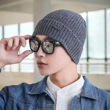 XEONGKVI, корейская мода, Chenier, добавить плюш, вязанная шапка, Осень-зима, теплые, Skullies Beanies, с отворотами, шапки для мужчин, с помпоном