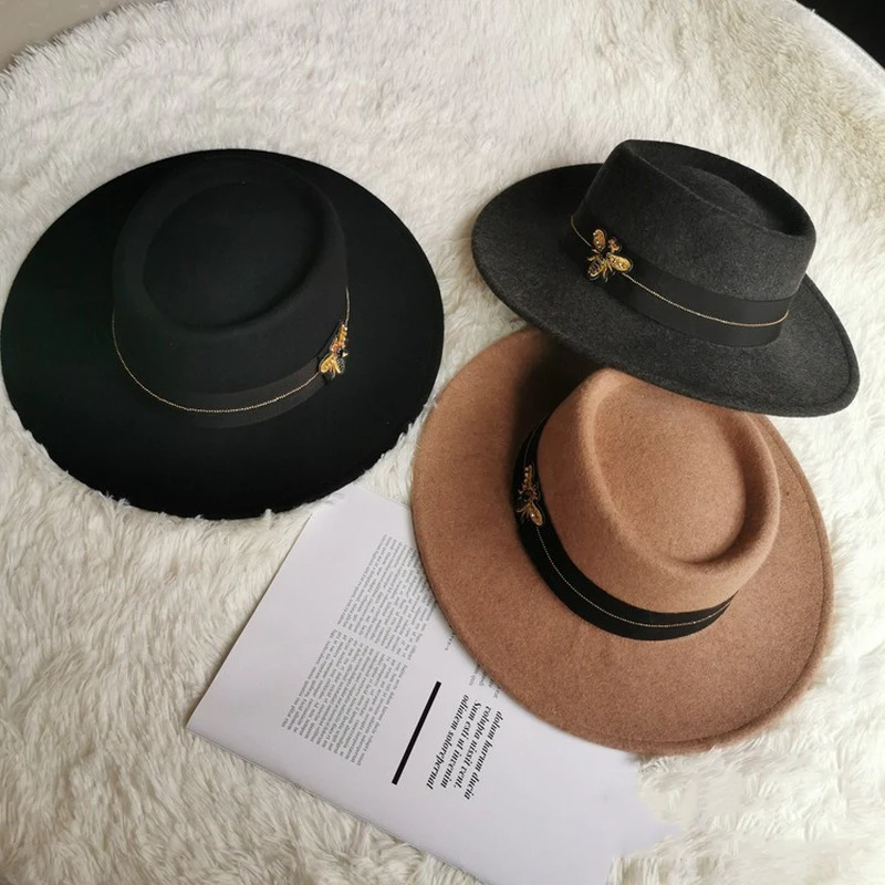 New Retro Wool Hat Bee Hat Straw Hat Shallow Top Fedora Hat Winter Men's Fedora Cap Womens Hat Felt Hat