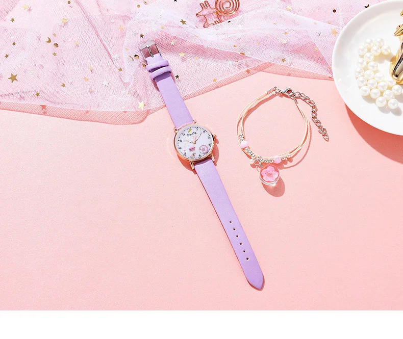 Gaiety Brand 2pcs Set Bracelet Watch For Women Unique Cartoon Pattern Pink Girls Watch Fashion Leather Ladies Clock Reloj Mujer