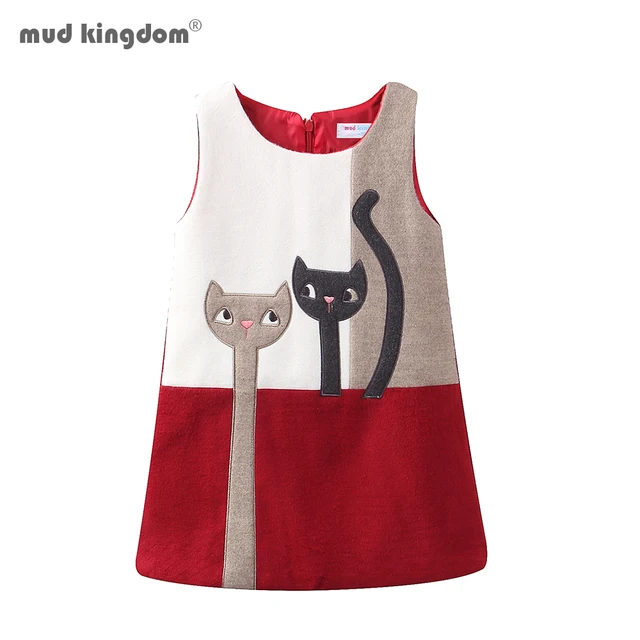 Mudkingdom Little Girls Dresses Sleeveless Wool Cute Cats Bunny Cartoon Winter A-Lined Kids Dress Girls Clothes 1