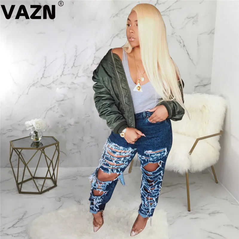VAZN HSF2091New Common Blue High Street сексуальные новые джинсы молодых популярных отверстий сексуальные умные Модные женские длинные джинсовые брюки прямого покроя
