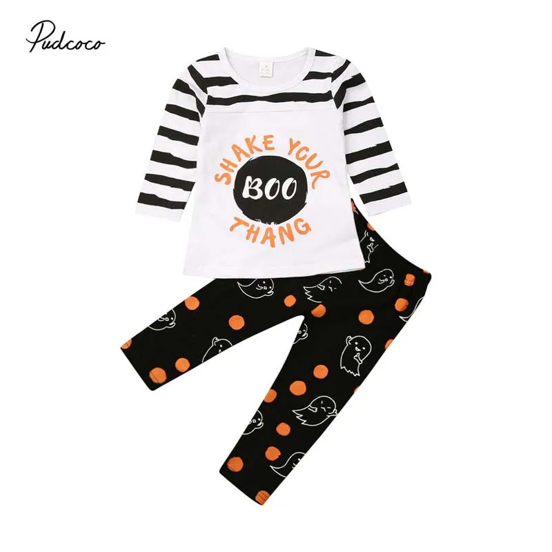 

2019 Baby Spring Autumn Clothing Halloween Toddler Kid Baby Girl Stripe Long Sleeve Clothes Tops T-Shirts Ghost Print Pants 0-5Y