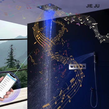 

Bathroom Bluetooth Music LED Shower System Black Rainfall Waterfall Remote Control led Shower Head Thermostatic Shower Faucet