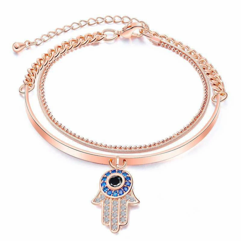 

European and American Copper Rose Gold Ladies' Bracelet Multi-Layer Design Bracelet Cool Fatima Hand Bracelet Women Trendy