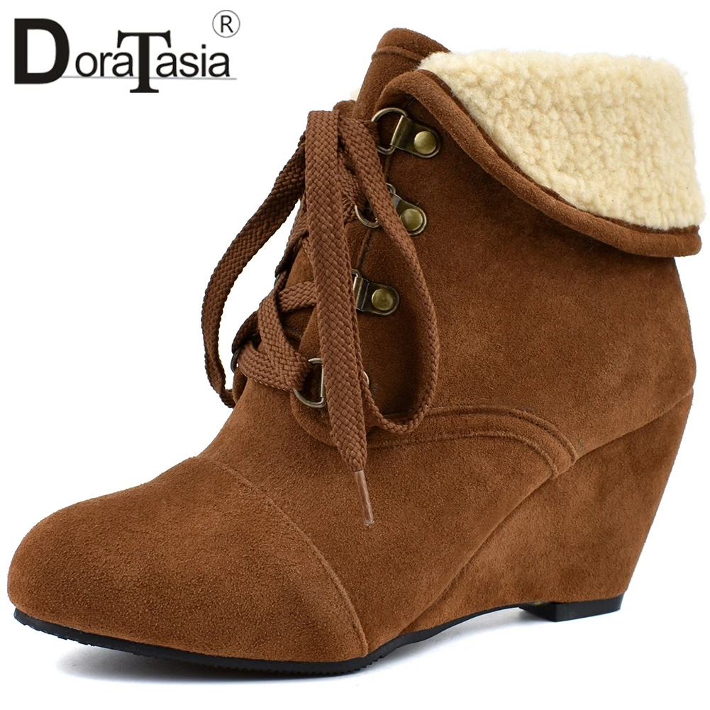 

DORATASIA New Winter Wedges Ankle Boots Women Truned Over Edges Warm Snow Boots Ladies Women Wedges Shoes Woman Plus Size 34-48