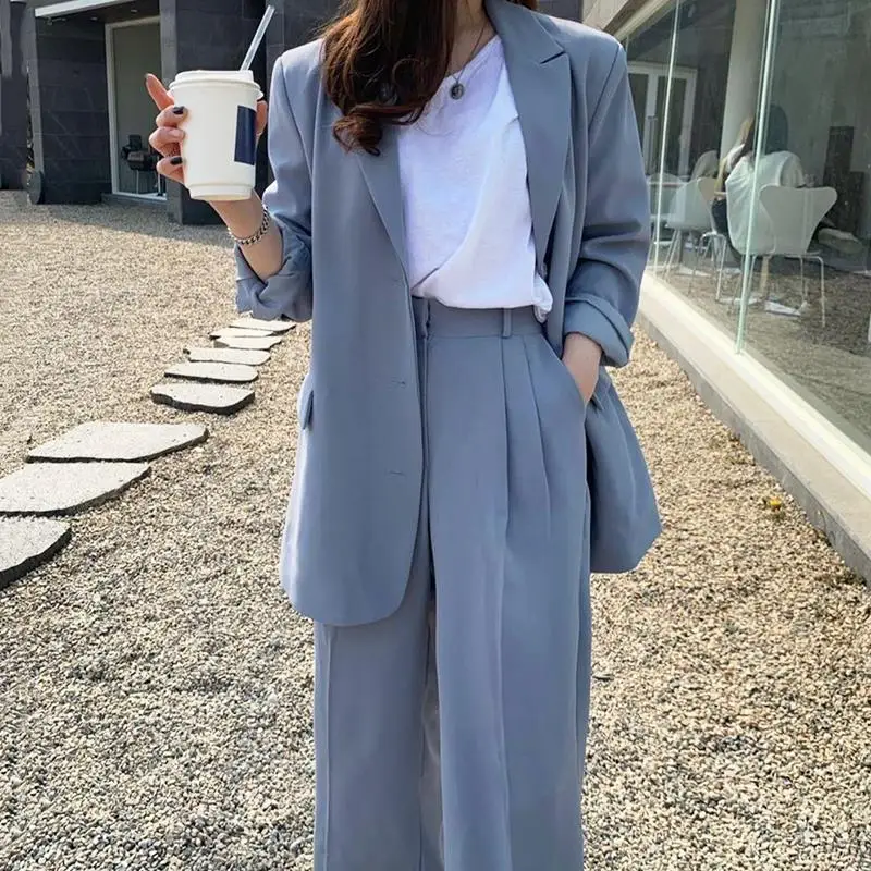 Spring Fall Women Blue Two-Piece Set Blazers+Straight High Waist Mopping Trousers Office Ladies Korean Chic Fashion Pant Suits