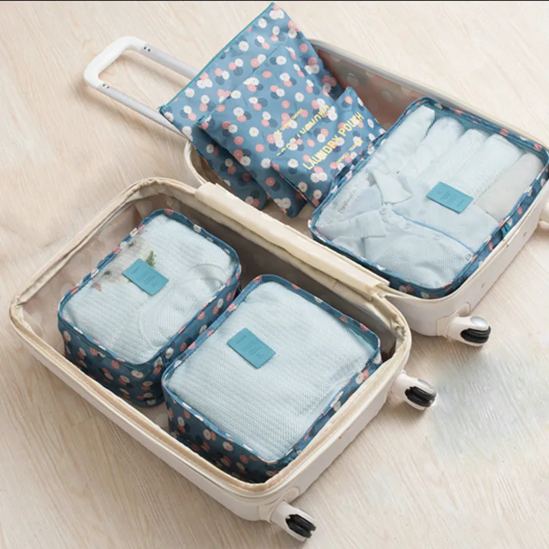 

6PCS/Set Oxford Cloth Travel Mesh Bag Waterproof Luggage Organizer Packing Cubes Flower Print Men and Women Travel Bag Organiser