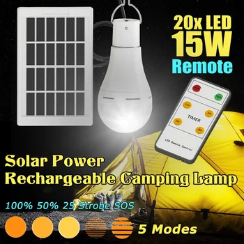 

15W/20W Solar Power USB Rechargeable Camping Light Bulb 5-Modes W/ Solar Panel 3 meters Cable & Remote Solar Lamps