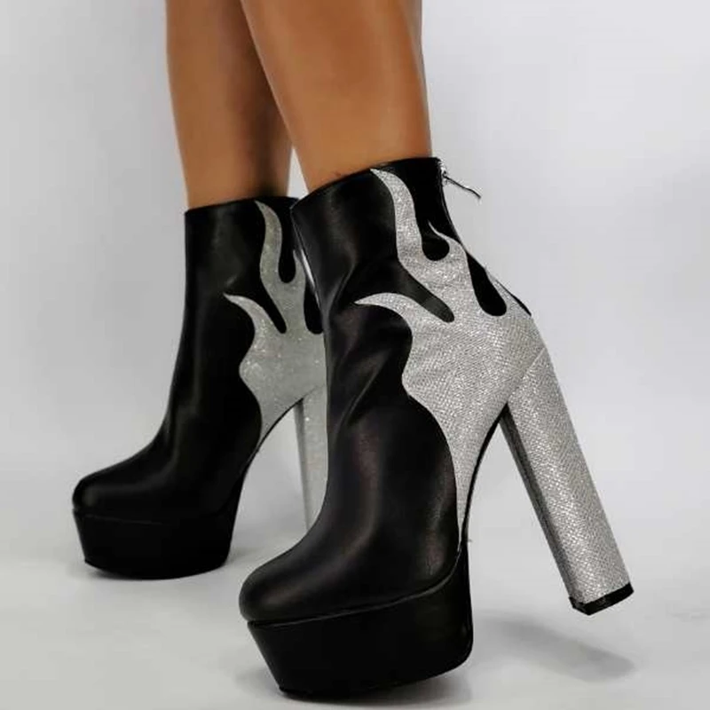 Botines de tacón alto y grueso para mujer, botines con plataforma y estampado de fuego, Color negro y plateado, personalizados, talla grande 43, hasta el tobillo| - AliExpress