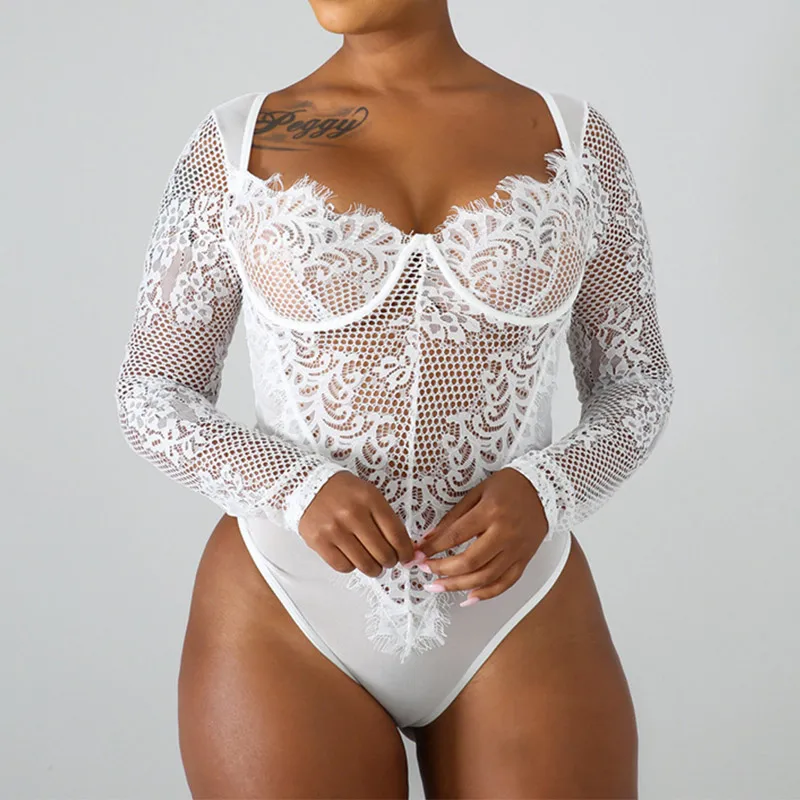 Белый Sexy Lace Women Jumpsuits Transparent Embroidery Bodysuit New Fashion Patchwork Mesh Long Sleeve Teddy Women's Clothes - Цвет: Белый