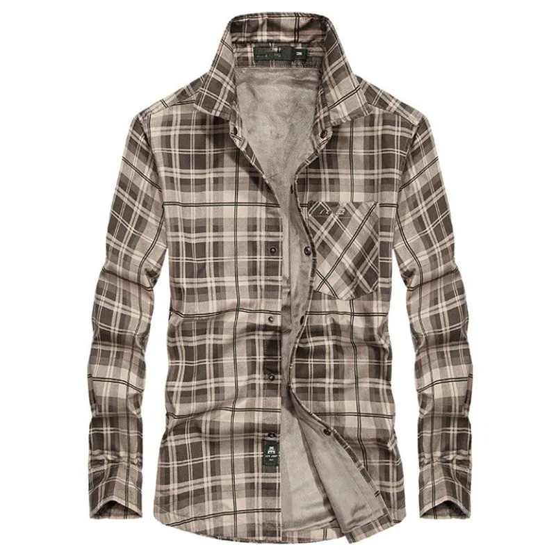 Khaki Fleece Красивые осенне-зимние повседневные флисовые льняные рубашки, мужские плотные теплые военные клетчатые рубашки, хлопковые рубашки с длинным рукавом, мужские рубашки Chemise Homme - Цвет: Khaki Fleece