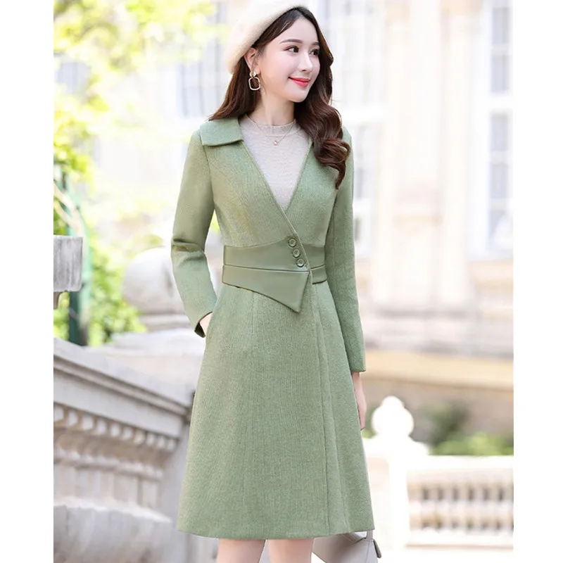 green UHYTGF зимнее пальто для женщин из искусственной кожи, шерстяное пальто, модное тонкое пальто с v-образным вырезом, Женская Осенняя шерстяная куртка, mantel damen946 - Цвет: green