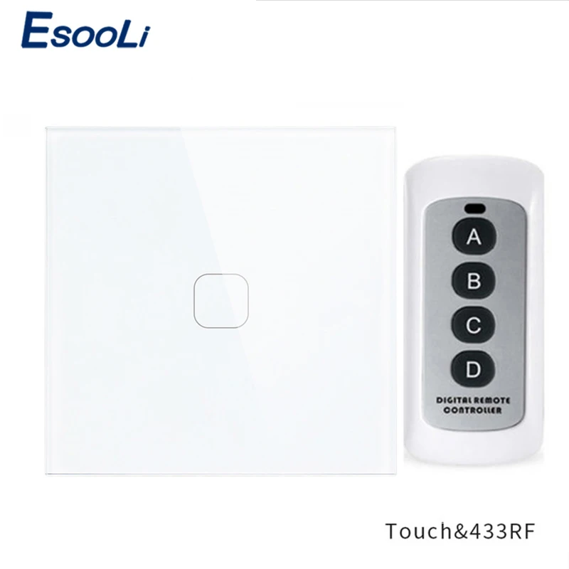 Esooli EU Standard Crystal Glass Panel wall light Touch Switch 1 Gang 1 Way Wireless Remote Control Touch Light Switch