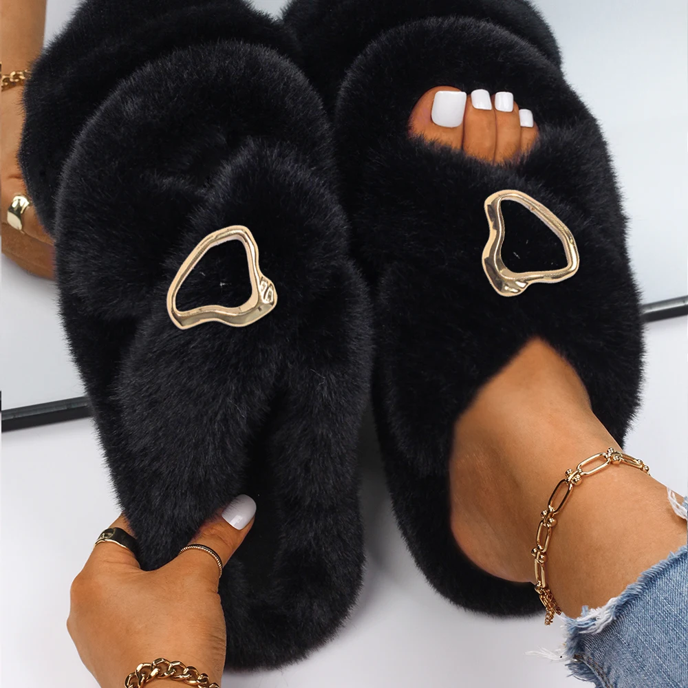 Women Sandals 2022 Female Fluffy Slippers Irregular Metal Decor Furry Slides Ladies Flip Flops Luxury Designer Slippers Shoes
