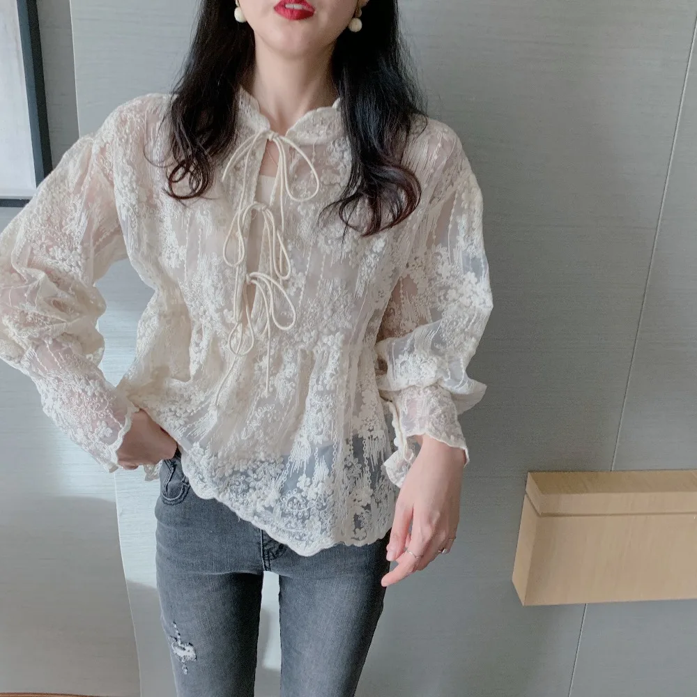 WHITNEY WANG, блузки,, Весенняя мода, с пышными рукавами, с вырезом, с бантом, Кружевная блуза с вышивкой, женские блузы, женская рубашка, Топ