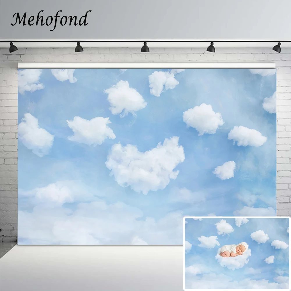 

Mehofond Blue Sky Cotton White Clouds Newborn Portrait Baby Shower Backdrop Photo Studio Photography Background Photozone Props