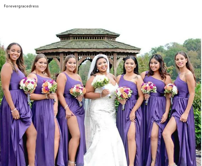 Purple Beach Bridesmaid Dresses One Shoulder Evening Dresses High Split Modest Maid Of Honor Dresses  91