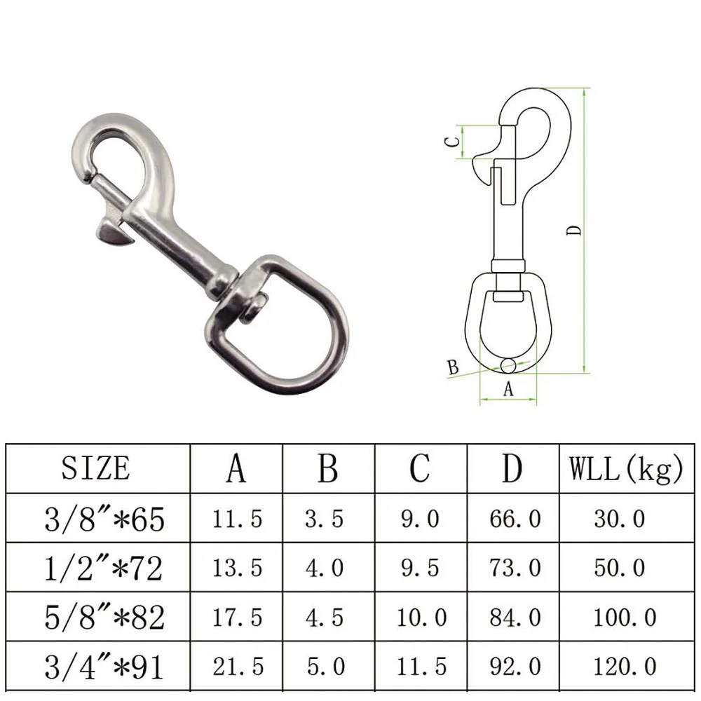 5PCS 타원형 싱글 엔드 회전 아이 볼트 스냅 후크 해양 등급 스테인레스 스틸 65mm 72mm 82mm 91mm 개 가죽 끈 Sucba 다이빙