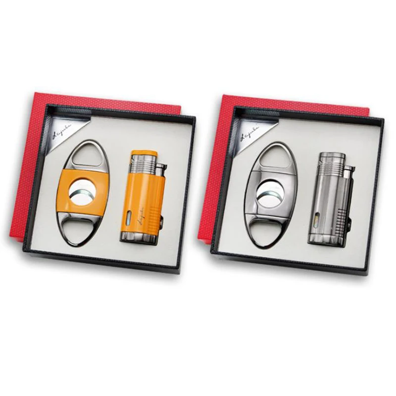 

High Grade Metal Cigar Cigarette Lighter Triple Torch Jet Flame W/Punch Cutter Set Windproof Tobacco Smoking Tool For Cohiba