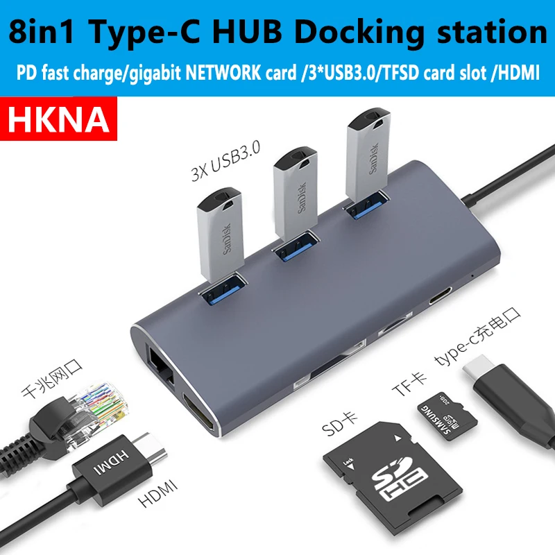 

8 in 1 HUB Type C USB 4k HDMI Gigabit Ethernet USB Type C USB 3.0 SD TF Card Reader PD Splitter Adapter For MacBook Air Pro