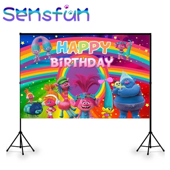 

XQ0586 Cartoon Trolls World Tour Party Backdrop Photocall boda Rainbow Happy Birthday photography Background Photo Studio
