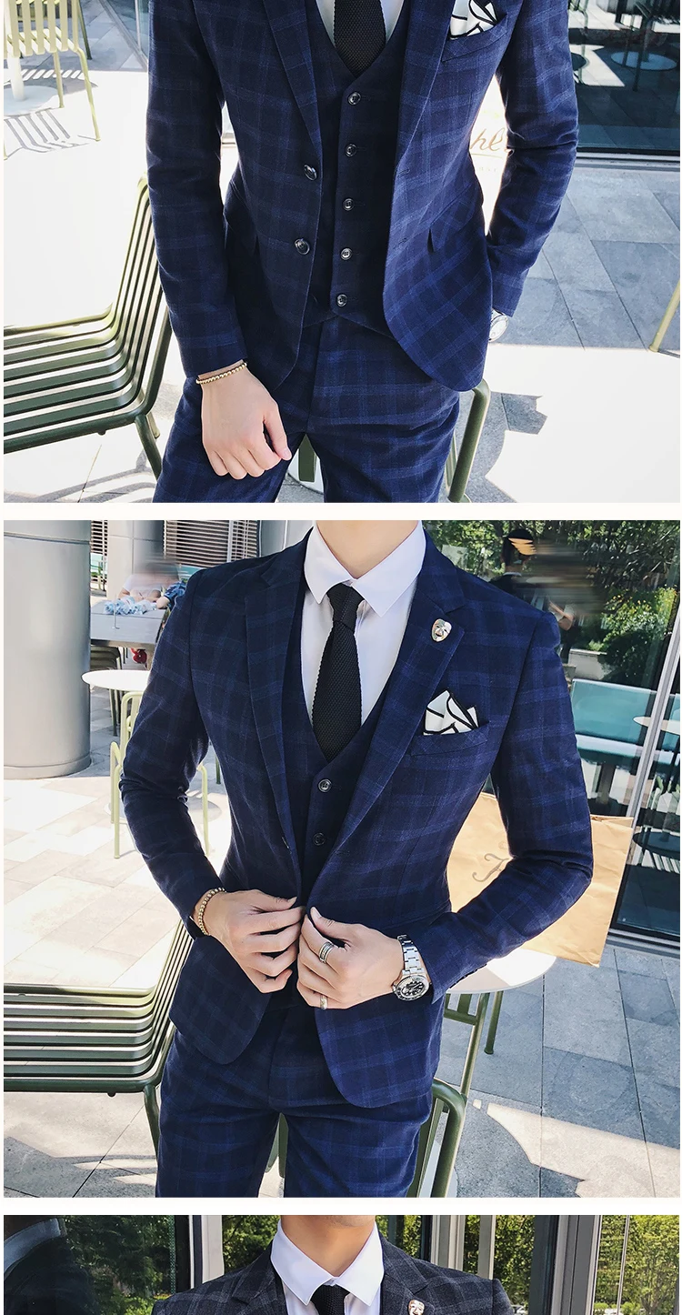 Мужские формальные костюмы смокинг, Slim Fit мужской деловой костюм Азиатский размер XXXL 4XL мужской костюм куртка+ жилет+ брюки классические клетчатые костюмы мужские