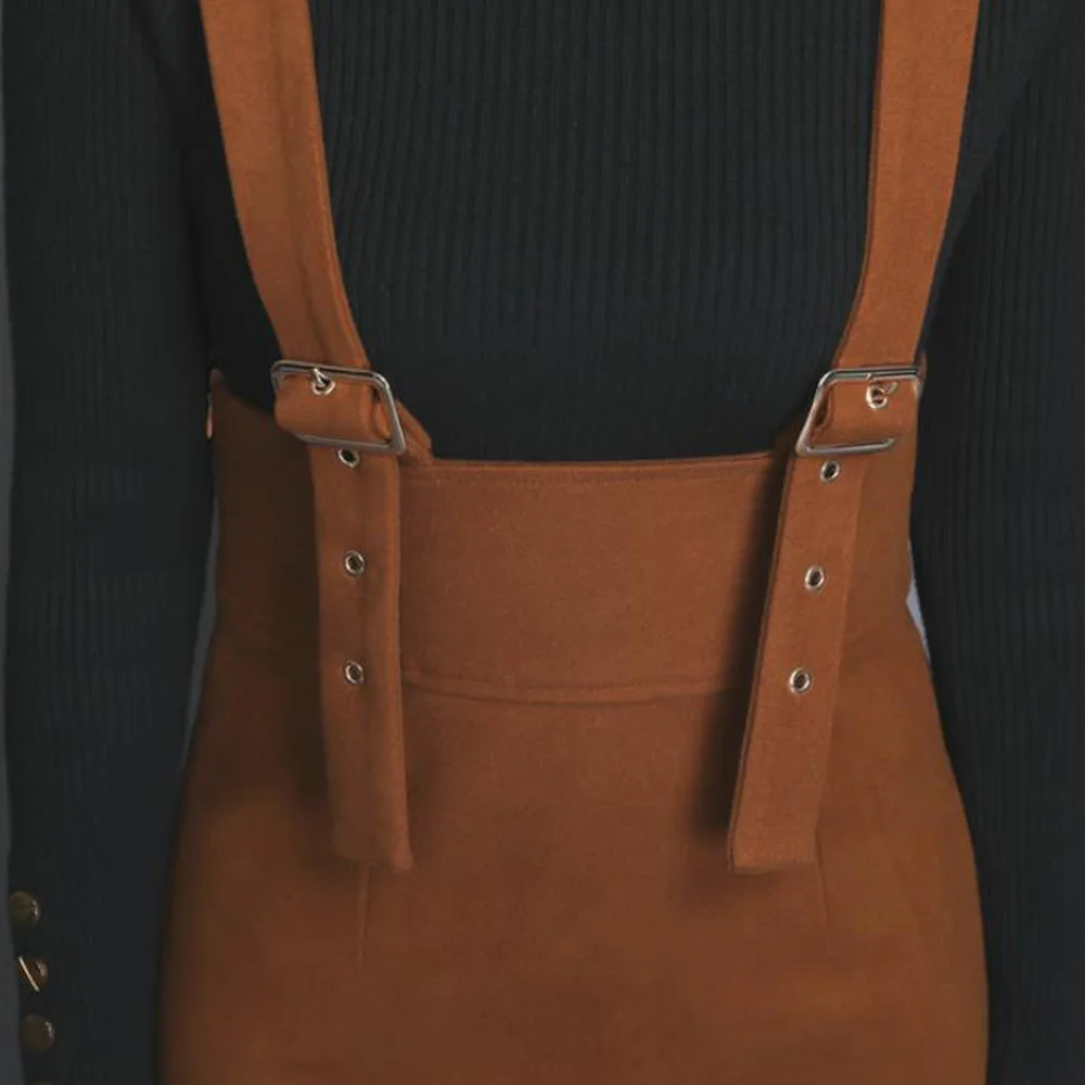 Brown Woolen Suspender Skirt Two Shoulder Womens High Waist Strap Skirt Winter Wool Jumpsuit Skirt Casual Bodycon Long Skirts