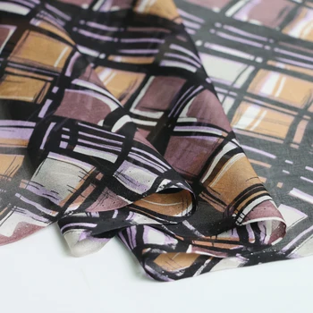 

100*140cm Coffee Plaid Checked Silk Chiffon Gauze Fabric Pure Natural Silk
