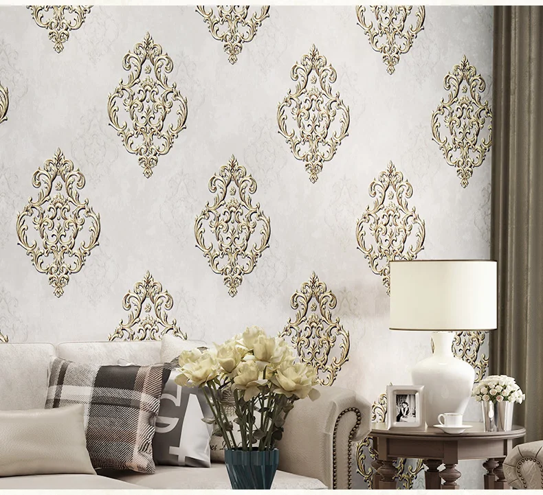 High quality 3D stereo pressed European style peacock green wallpaper luxury non-woven Damascus wallpaper bedroom TV background