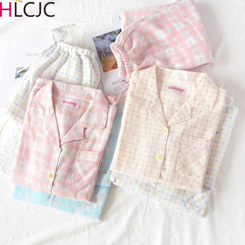 

Couple Pajamas Set Spring And Autumn 100% Cotton Gauze Plaid Women Pyjamas Plus Size M-XXXL Long Sleeve Sleepwear Men Lounge Pijama pijama hombre
