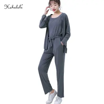 

2020 Korean version of spring and summer loose female suits Modal cardigan home long sleeve three-piece new