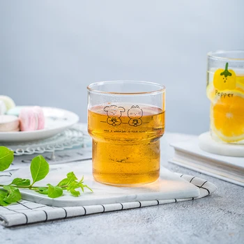 

Creative Printing Cartoon Coffee Cup Transparent Glass Milk Cup Juice Drink Cups Home Kitchen Office Water Bottle Holiday Gift