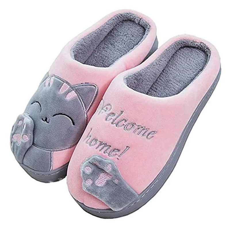 PUIMENTIUA/женские зимние домашние тапочки; обувь с рисунком кота; Нескользящие мягкие зимние теплые домашние тапочки; домашние тапочки для влюбленных пар - Цвет: Pink