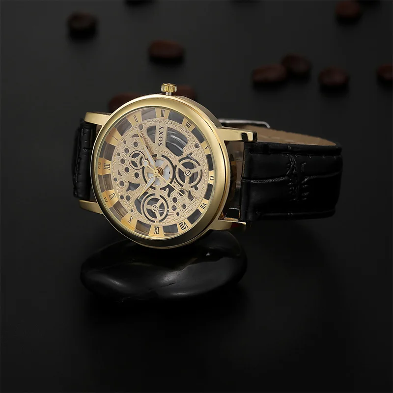 SOXY Роскошные уникальные золотые часы со скелетом relogio masculino мужские часы модные мужские часы кожаный ремешок Часы montre homme