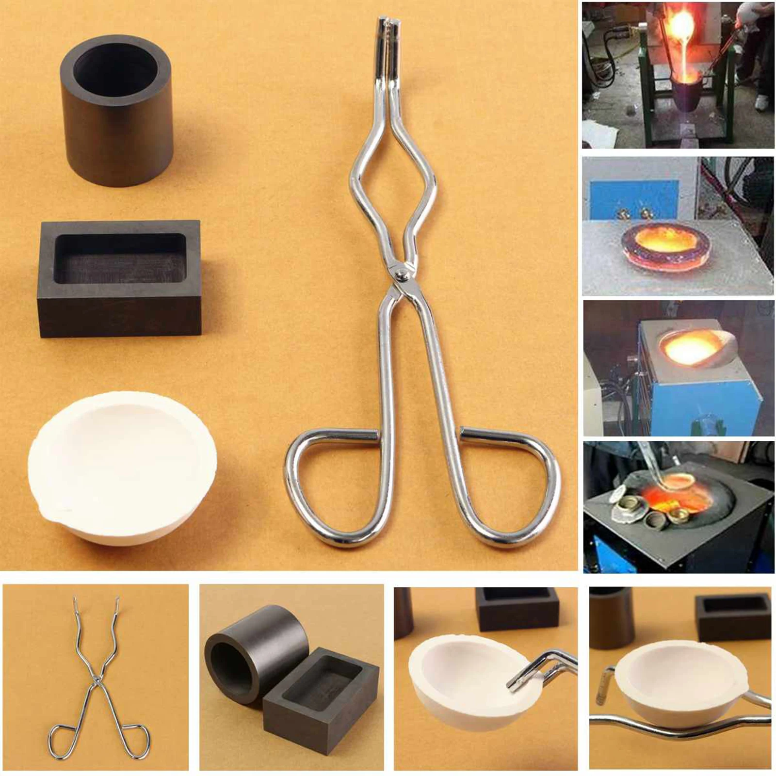 

5pcs /Set Torch Melting Dish Kit Set Gold & Silver Non-Ferrous Metal Crucible Tong Rod Graphite Ingot Mold