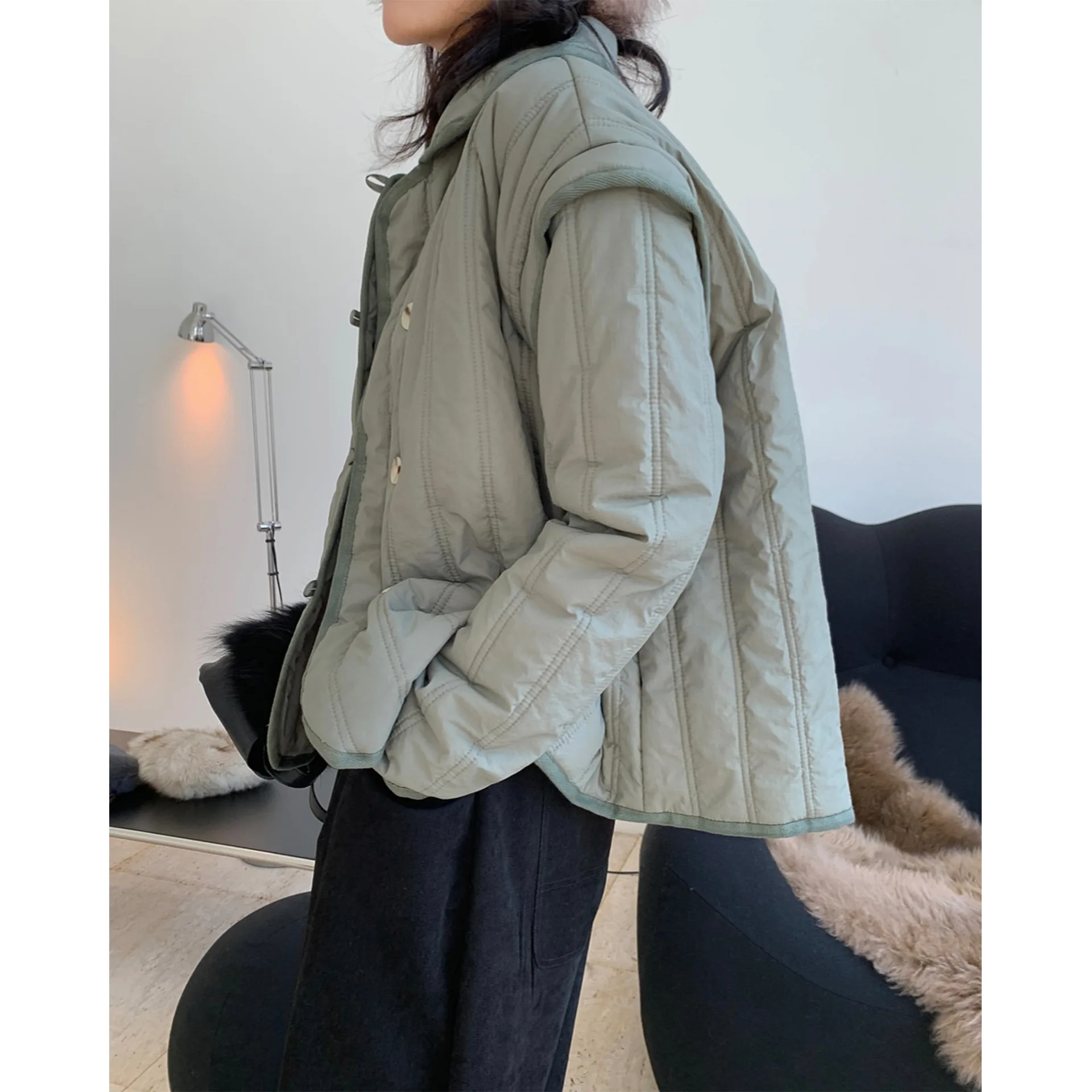 

Detachable Sleeve Solid Women Winter Coat Single Breasted Turn Down Collar Loose Female Cotton Jackets Outerwear