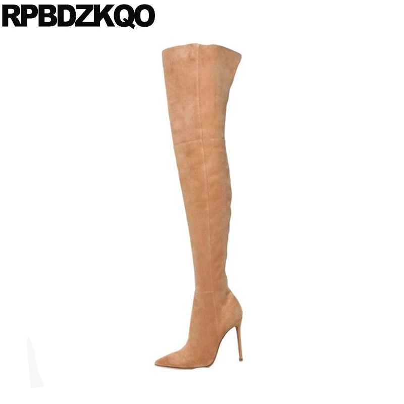 extreme pointed toe high heel slim tall shoes fetish fashion 10 big size stiletto brown over the knee thigh boots for plus women
