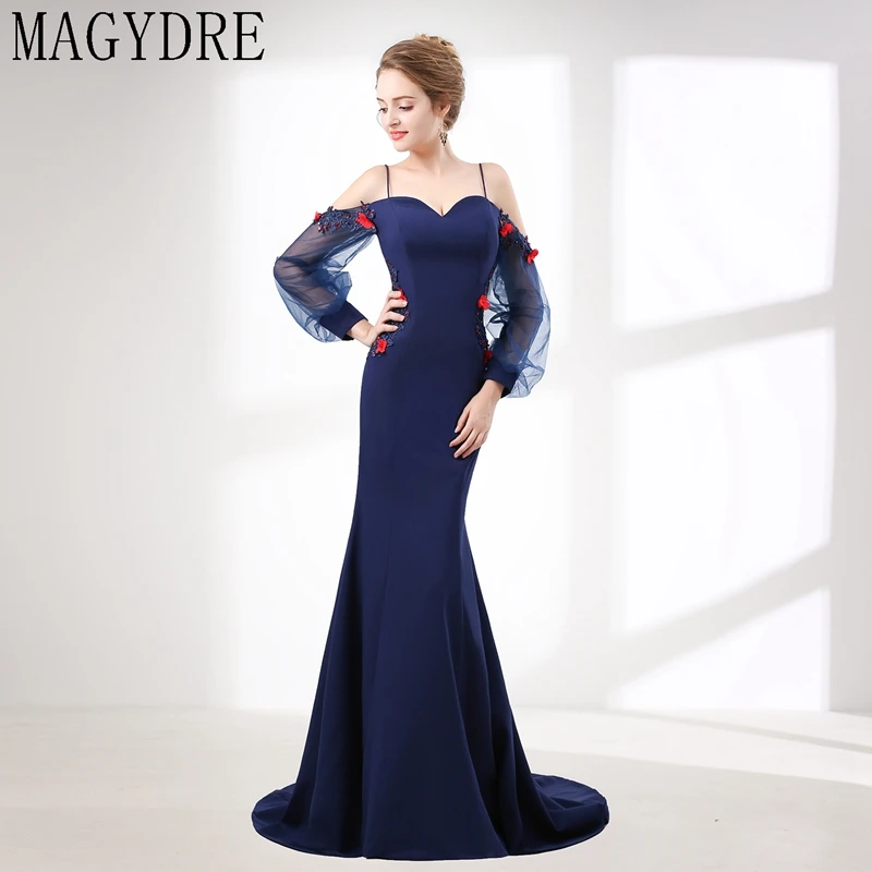 Dark Blue Satin Cap Sleeveless Evening Dress Flower Appliques Spaghetti Straps Floor Length Lace Dress With Belt