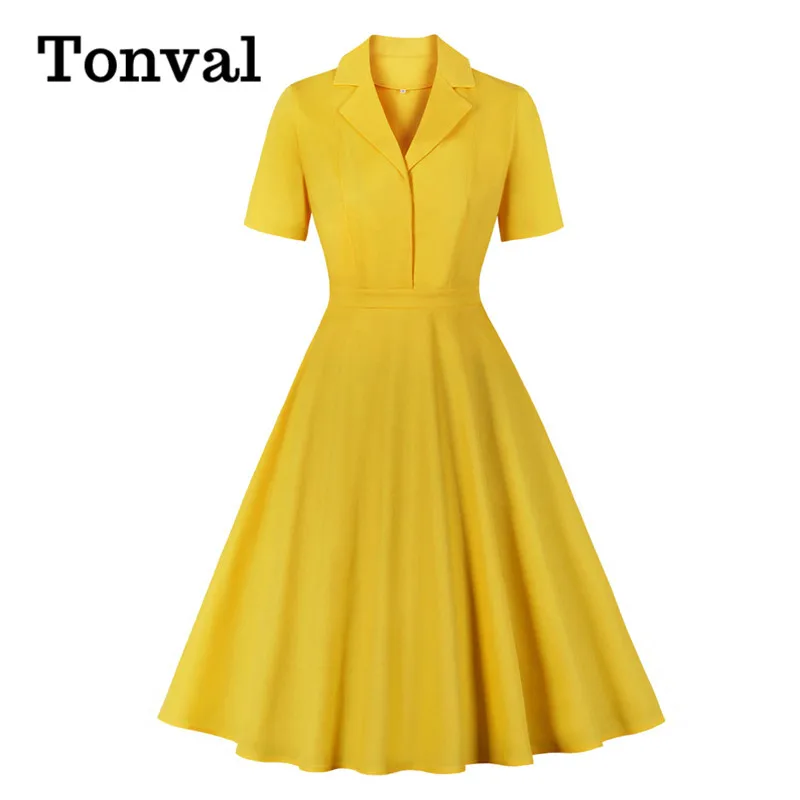 Tonval-Notched-Collar-Yellow-Vintage-Style-Women-50s-Retro-Cotton ...