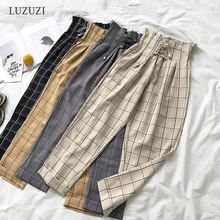 LUZUZI японские Харадзюку повседневные штаны женские модные на шнуровке с высокой талией по щиколотку свободные клетчатые шаровары уличная одежда