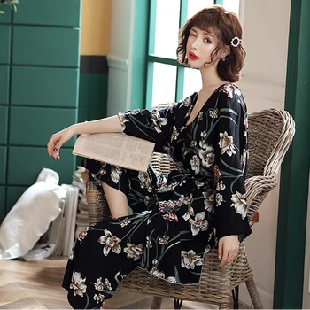

Woman Pajamas Set Sling Cotton Pajamas 3 Peices Spring Summer Sleepwear For Women Long Sleeves Breathable Sexy Robe Homewear