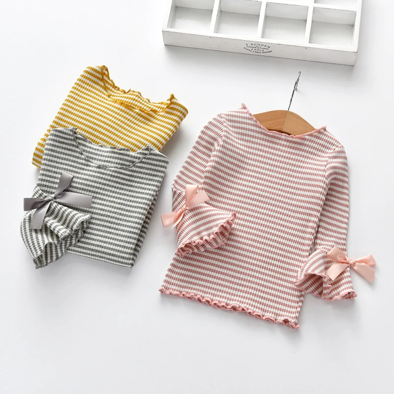 

Spring Fall Girls Shirts Cotton Long Flare Sleeve Children's T-Shirt Girl Kids Baby Toddler Tops Kids Striped Printed Blouses