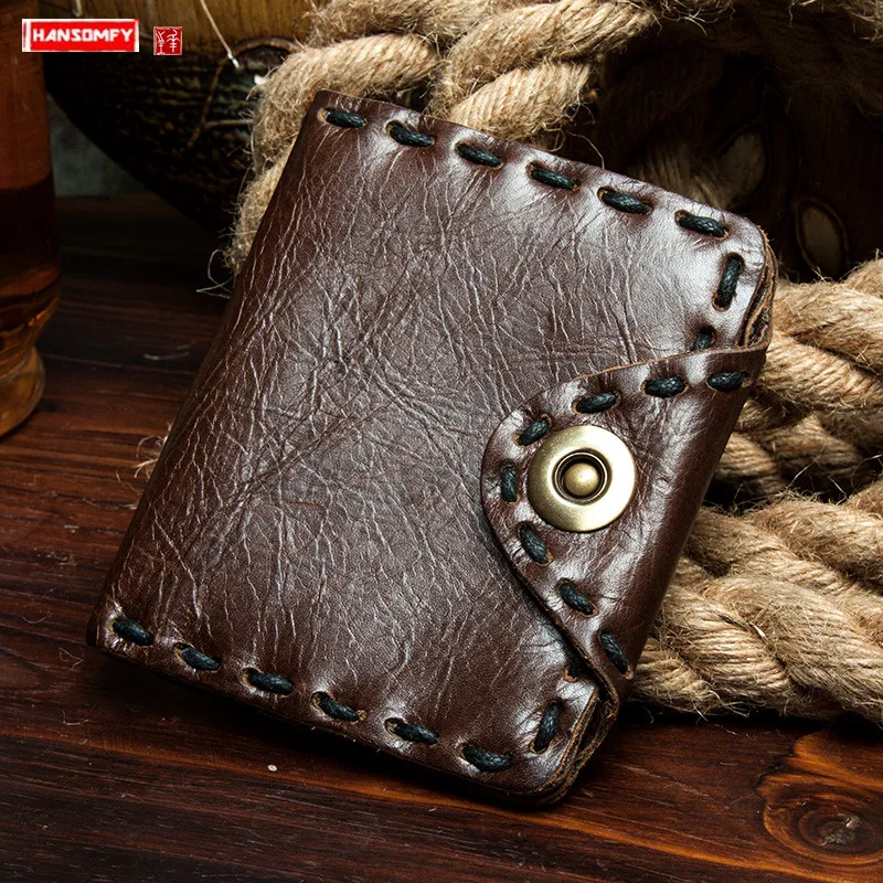 Vintage Cowhide Leather Purses Men Wallet Male Card Holder Short Buckle Wallets Thick Stitch Business Bag Casual | Багаж и сумки