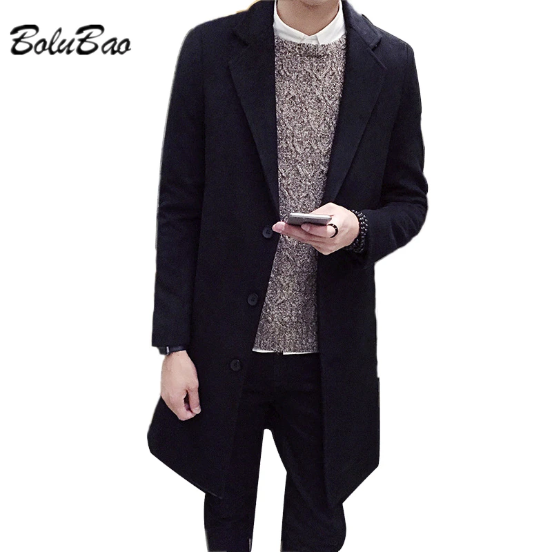 

BOLUBAO New Men Woolen Coat Korean Style Autumn Winter Slim Single-Breasted Business Casual Men Trench Coat Solid Color Coat