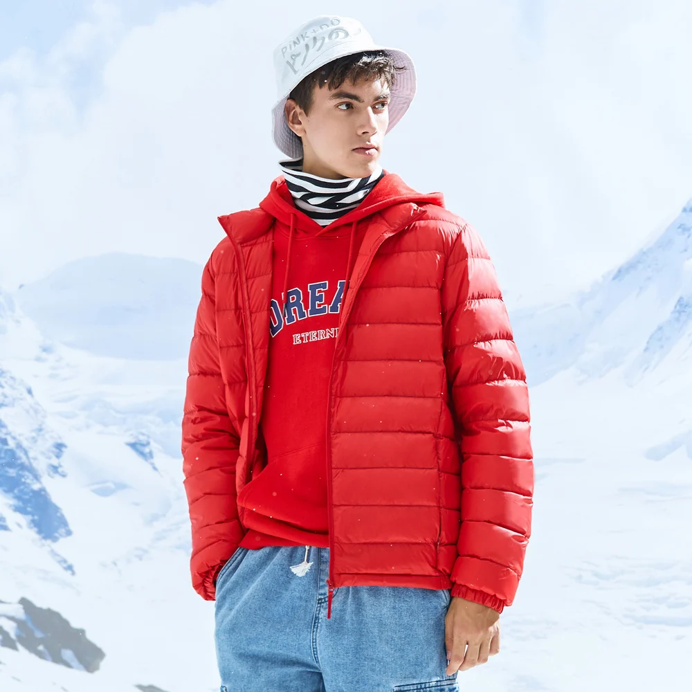  Metersbonwe 2019 doudoune hommes hiver portabilité chaud 90% duvet de canard blanc à capuche homme 