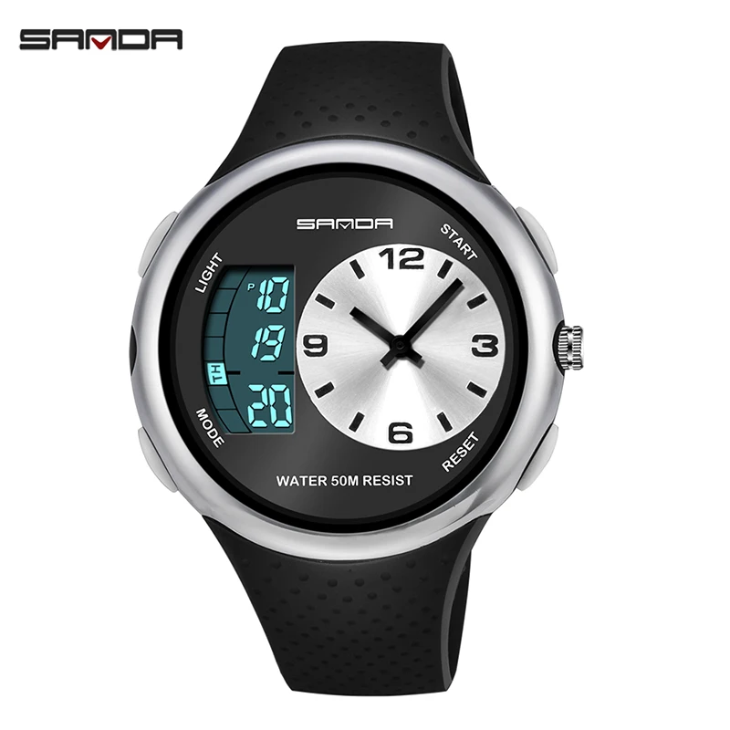 SANDA мужские водонепроницаемые студенческие часы с двойным дисплеем, светящиеся многофункциональные спортивные наручные часы на открытом воздухе - Цвет: Серебристый