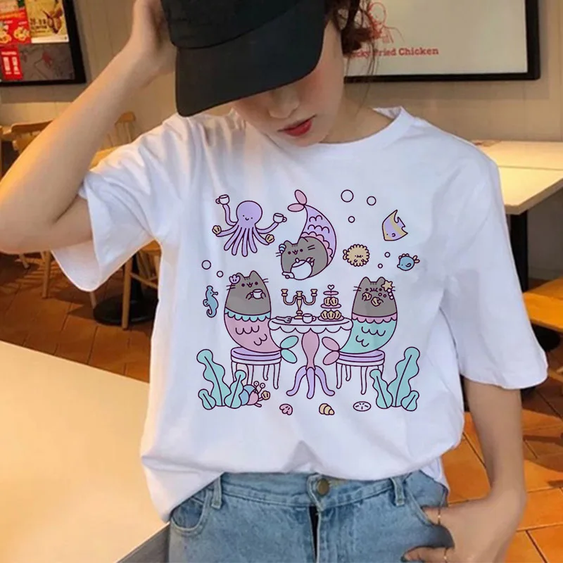 Женские футболки с котом, Harajuku, забавная мультяшная Kawaii футболка, Ullzang, милая, 90 s, графическая, Корейская футболка, модные топы, футболки для женщин