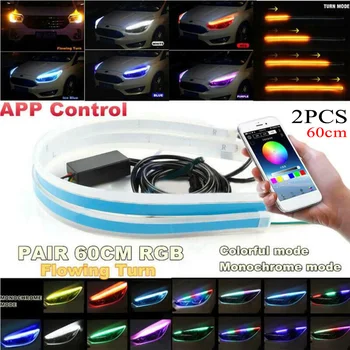 

2X 60cm RGB Sequence LED Daytime Running Light DRL Bluetooth APP Remote Control Ngel Eyes Headlight Turn Signal