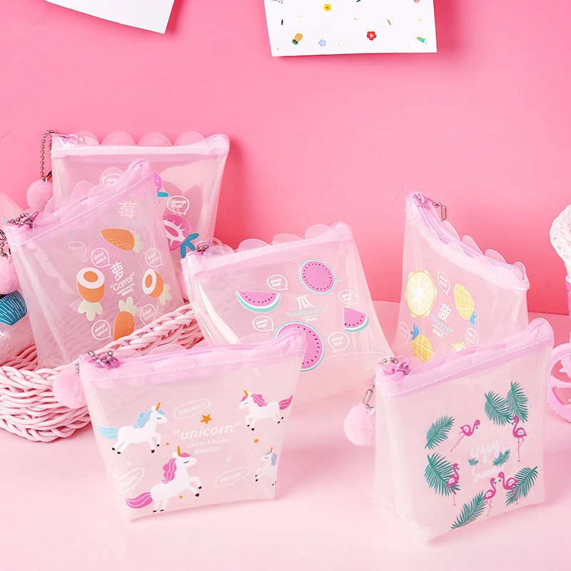 

1PC PVC Fruit Unicorn Printed Coin Purse Unisex ransparent Protable Cartoon Pattern Money Bag Protable Zipper Wallet Kids Gifts